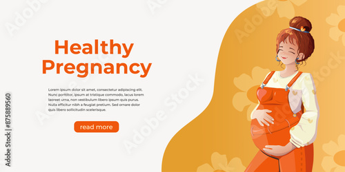 A happy, smiling pregnant woman holds her stomach in a bright orange maternity jumpsuit. A young woman expecting a baby. The banner "Healthy pregnancy".White background.Copy space. Vector illustration