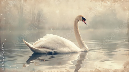 Fototapeta Naklejka Na Ścianę i Meble -  Watercolor painting of a graceful swan on a serene pond, copy space banner, vintage background 