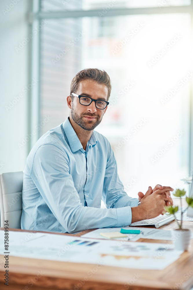 Glasses, portrait and man in office, keyboard and market research for accountant, online and paperwork. Vision, corporate or working for agency, ideas and goal of investment with finance for project Glasses, portrait and man in office, keyboard and market research for accountant, online and paperwork. Vision, corporate or working for agency, ideas and goal of investment with finance for project
