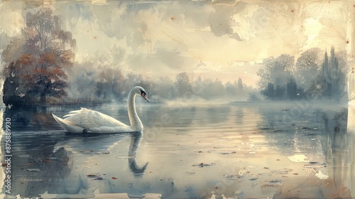 Fototapeta Naklejka Na Ścianę i Meble -  Watercolor painting of a graceful swan on a serene pond, copy space banner, vintage background 