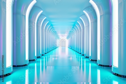 futuristic white corridor with blue neon lights and reflective floor - abstract modern architecture concept.
