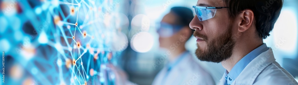 scientists examining data network on interactive screen - research & development concept. scientists examining data network on interactive screen - research & development concept.