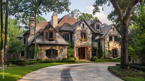 Charming stone mansion set amidst lush greenery displaying classic architecture with a graceful curved driveway, radiating traditional elegance and warmth.