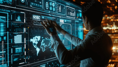 Describe the design and functionality of a holographic dashboard used by a CEO to monitor key business metrics in real-time. How does this technology improve the executive