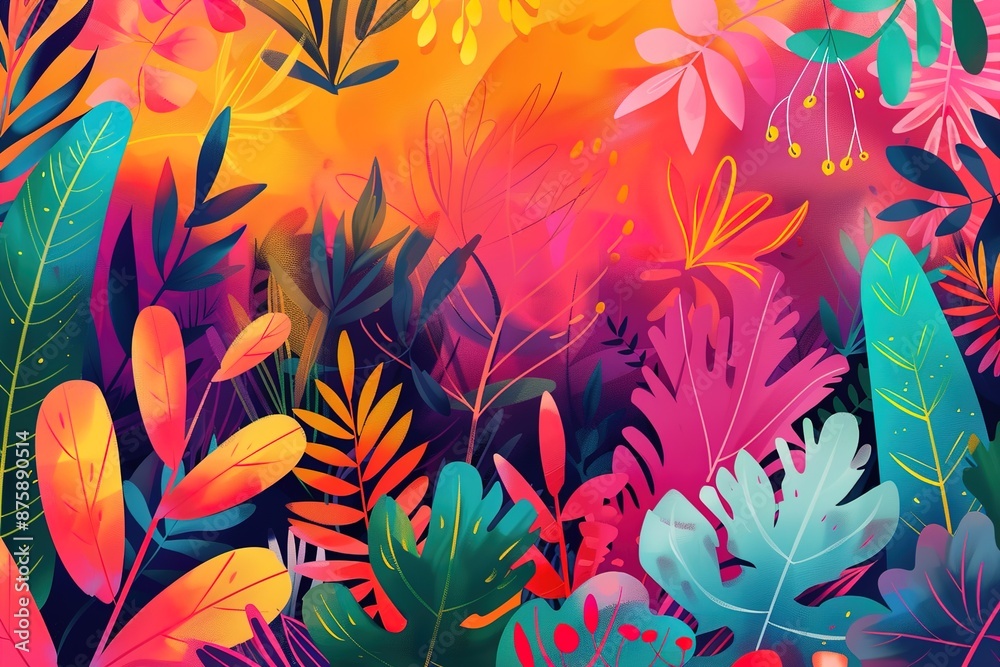 Abstract vibrant tropical foliage with bright colors and painterly style