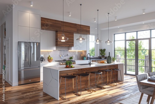 Modern Kitchen With Reclaimed Wood and Large Windows