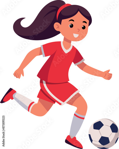 Young Girl Playing Soccer in Red Uniform