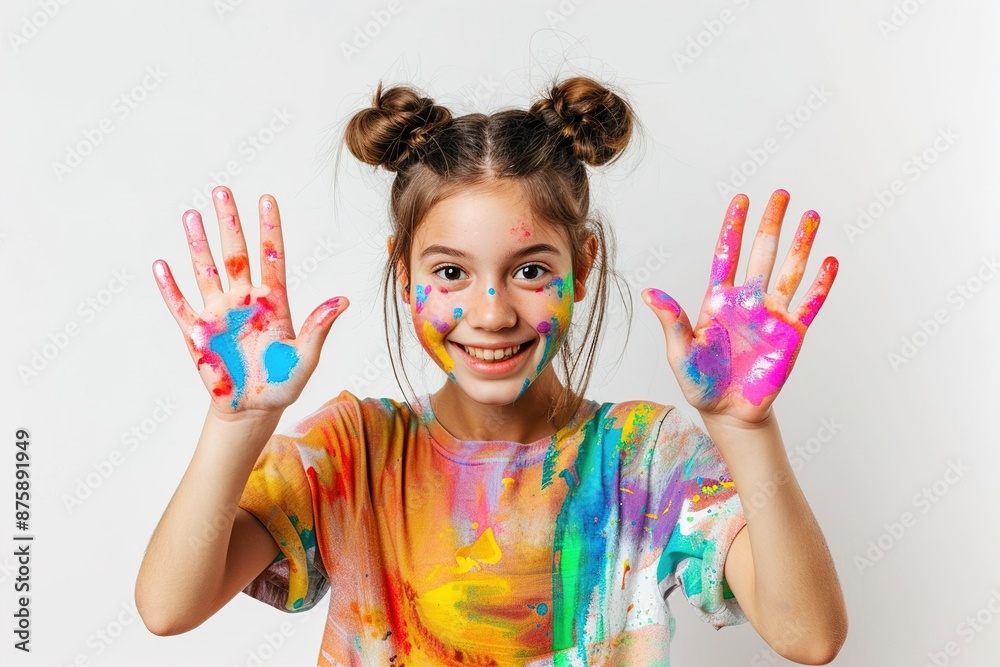 Girl with hands painted with multi-colored paints on a white background. Children's creativity concept. Girl with hands painted with multi-colored paints on a white background. Children's creativity concept.