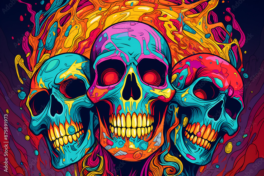 Three colorful skulls with unique patterns Three colorful skulls with unique patterns