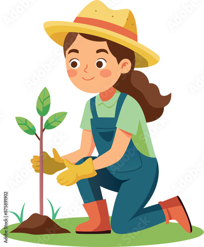 Young Girl Planting Tree in Garden Illustration