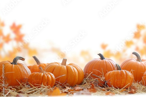 Vibrant Autumn Arrangement of Pumpkins on Hay With Colorful Leaves