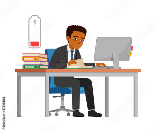 man employee tired, sit in desk working on office with computer, low battery energy
