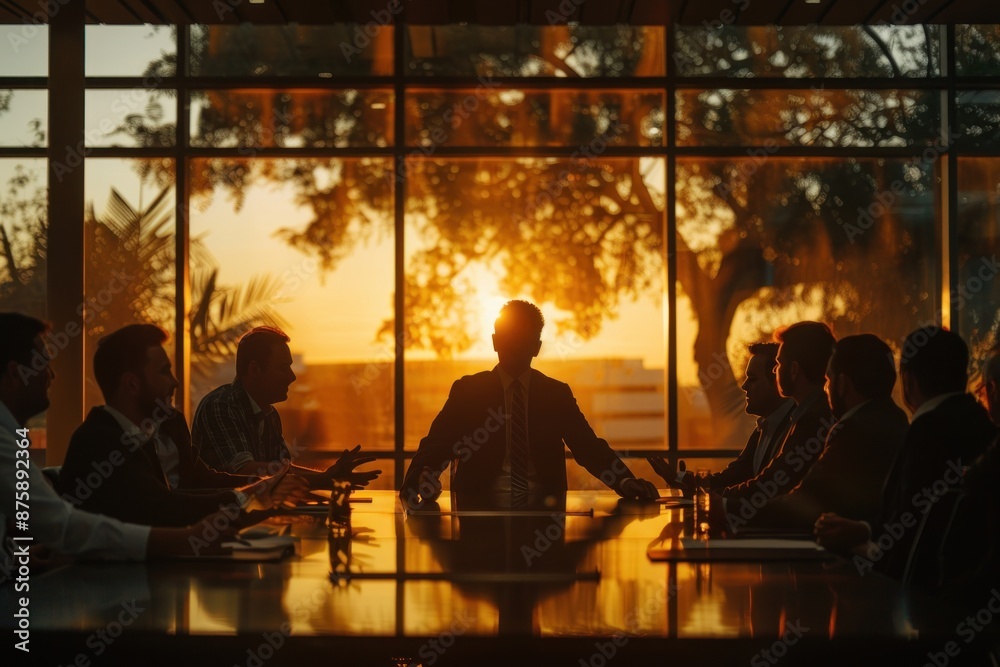 A powerful silhouette of a business leader addressing their team in a sleek, modern office. The large windows in the background allow sunlight to stream in, creating a dramatic effect. The team A powerful silhouette of a business leader addressing their team in a sleek, modern office. The large windows in the background allow sunlight to stream in, creating a dramatic effect. The team