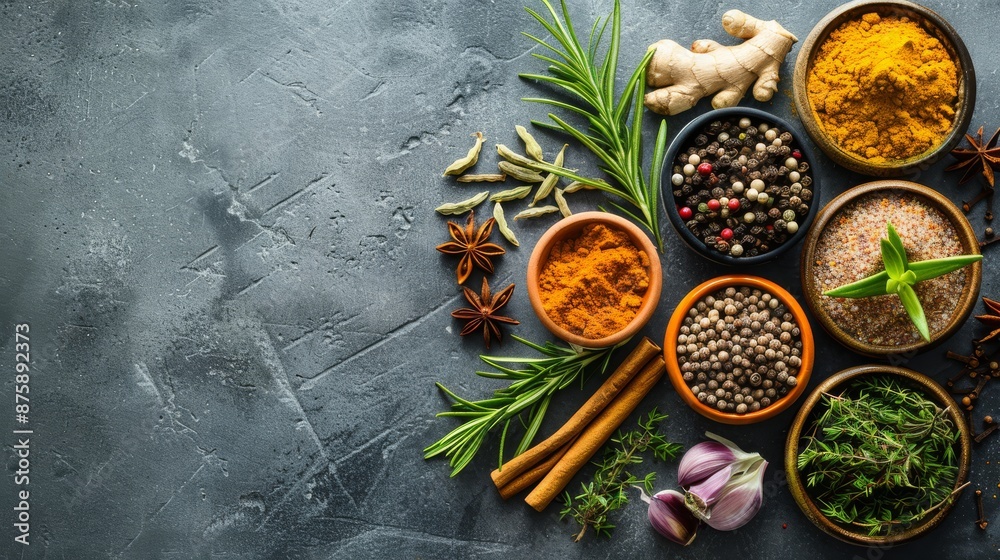 Assortment of Spices and Herbs on a Rustic Background Assortment of Spices and Herbs on a Rustic Background
