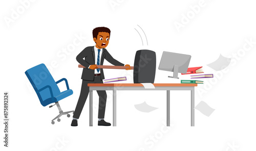 man angry, employee working on office with computer, holding big hammer
