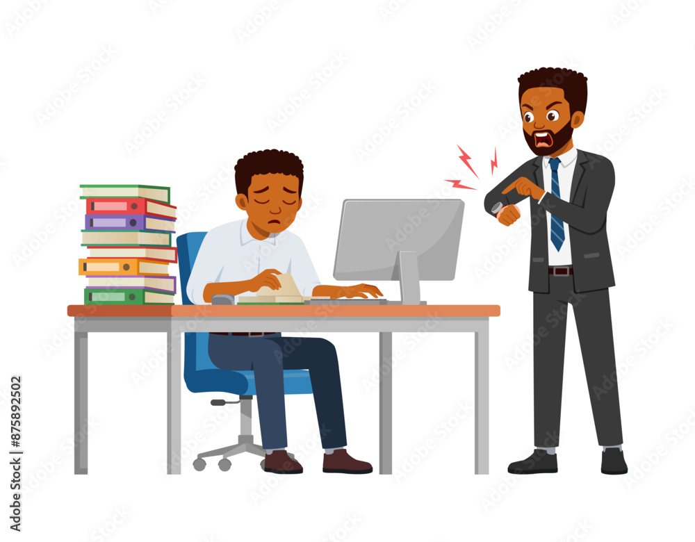 man employee sit in desk working on office with computer, boss standing angry