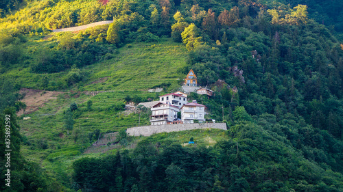 Ayder plateau, local houses and mountains and cloudsand rivers, Black Sea Region, Turkey