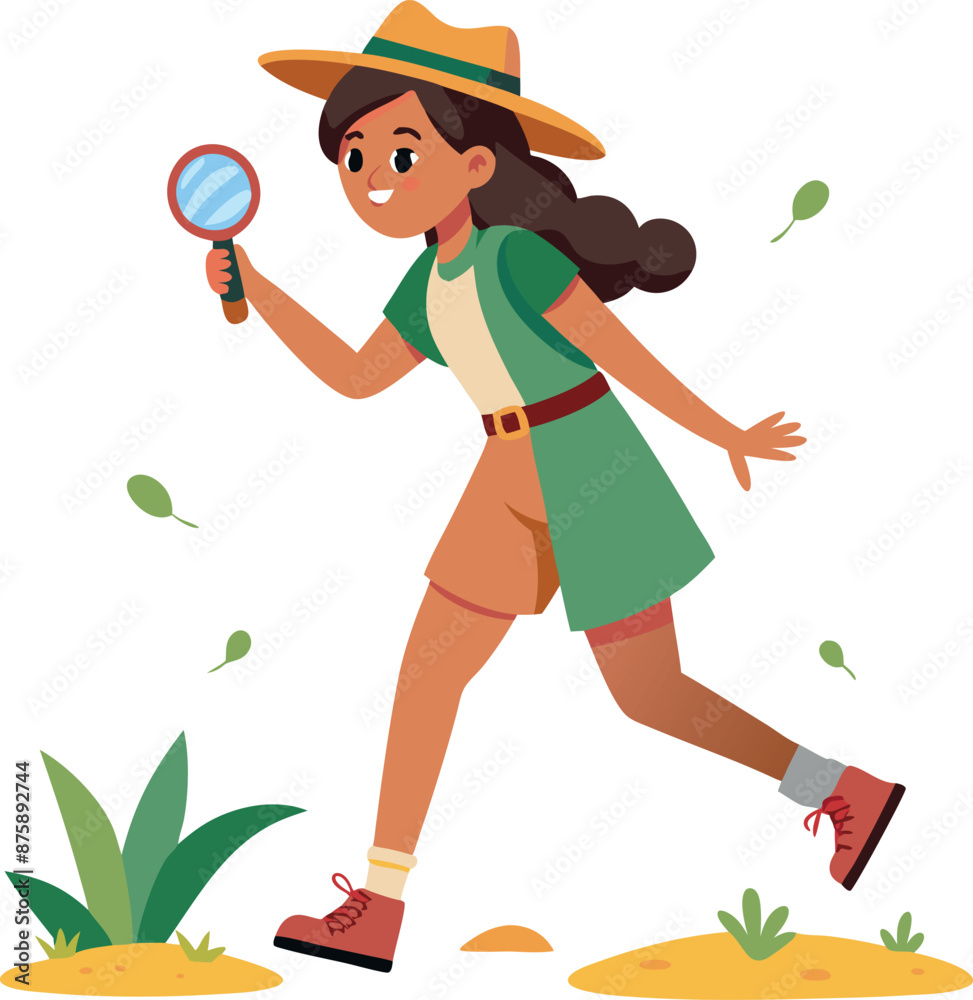 Fototapeta premium Young Girl Hiking and Exploring with Magnifying Glass