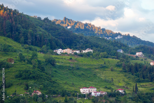 Ayder plateau, local houses and mountains and cloudsand rivers, Black Sea Region, Turkey photo