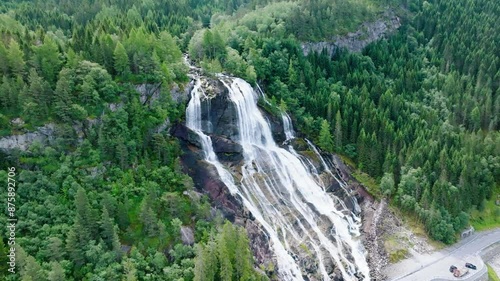 Aerial view of the waterfall Furubergsfossen in Vestland county, Norway