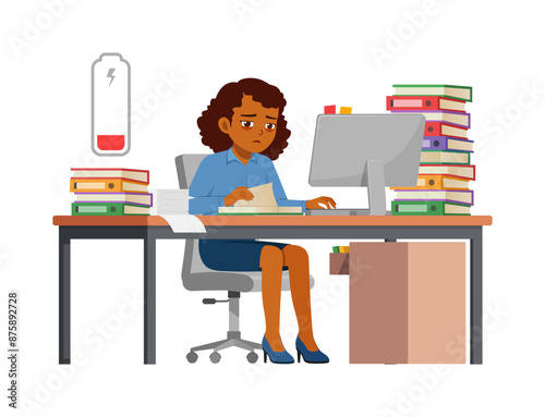 woman employee tired, sit in desk working on office with computer, low battery energy