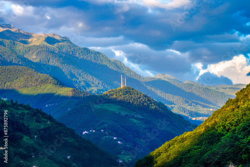 Ayder plateau, local houses and mountains and cloudsand rivers, Black Sea Region, Turkey photo