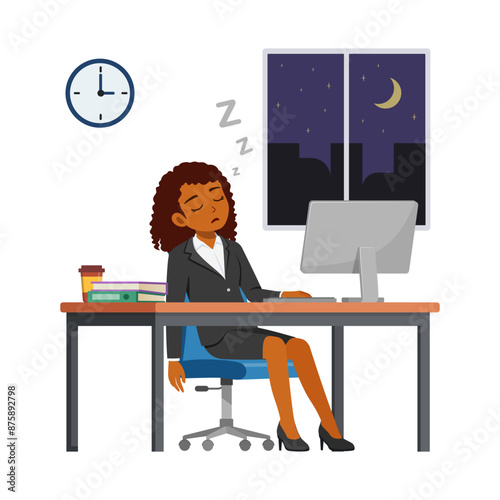 woman employee work overtime at night, feeling sleepy and sit in desk working on office with computer