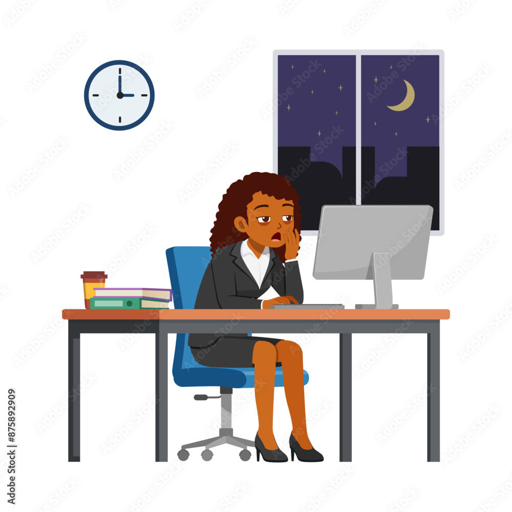 woman employee work overtime at night, feeling sleepy and sit in desk working on office with computer woman employee work overtime at night, feeling sleepy and sit in desk working on office with computer