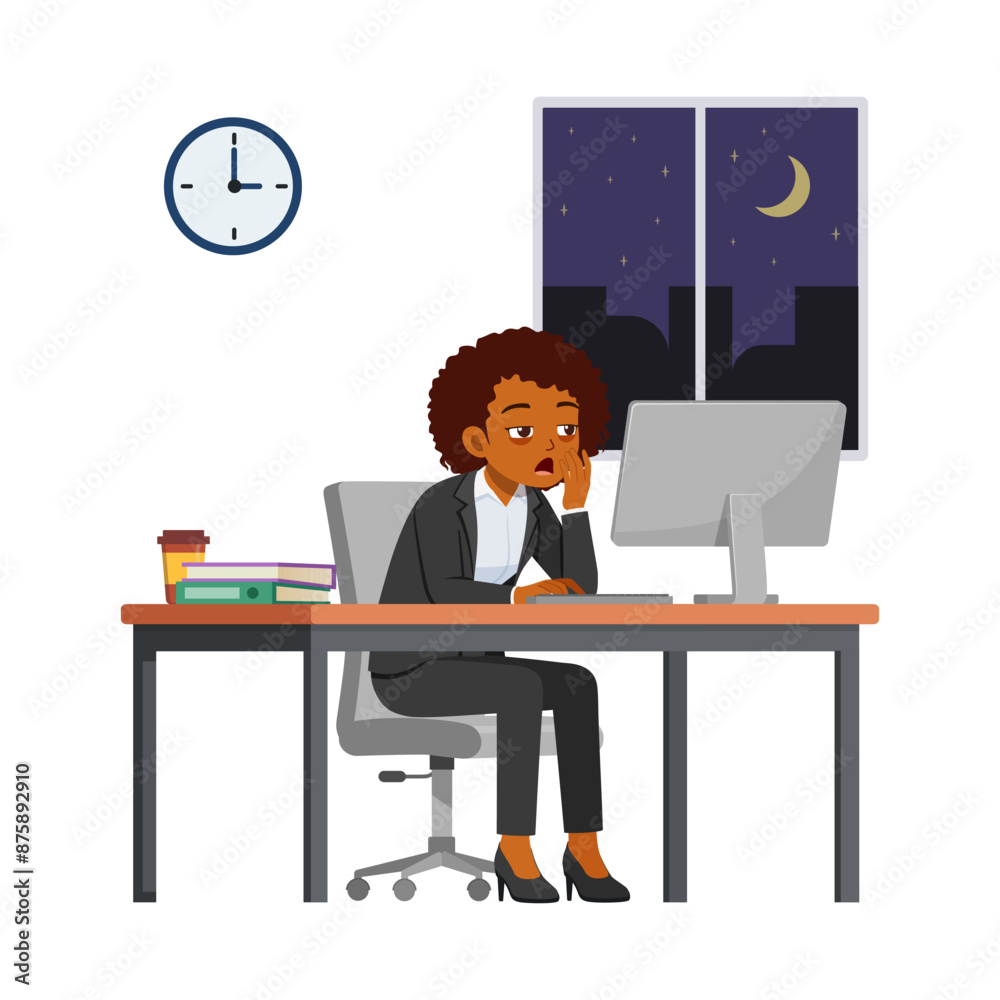 woman employee work overtime at night, feeling sleepy and sit in desk working on office with computer