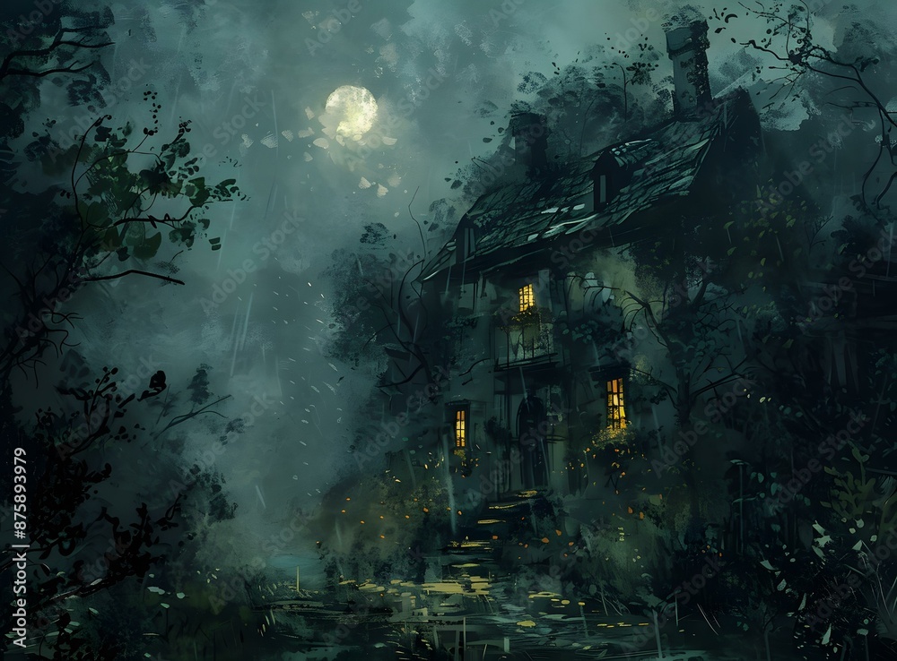 Night Forest House Under Full Moon Night Forest House Under Full Moon