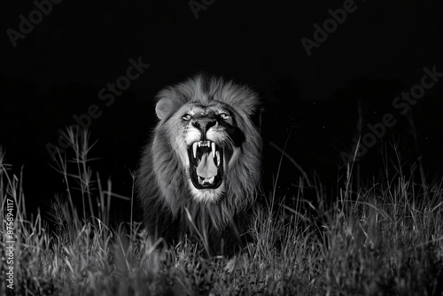 
Black and white photo of an angry lion roaring, sharp teeth visible against dark background. Lion is sitting on grass with its head tilted back showing his power and strength. 