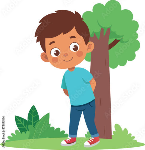 Cute Cartoon Boy Standing Near a Tree in Park