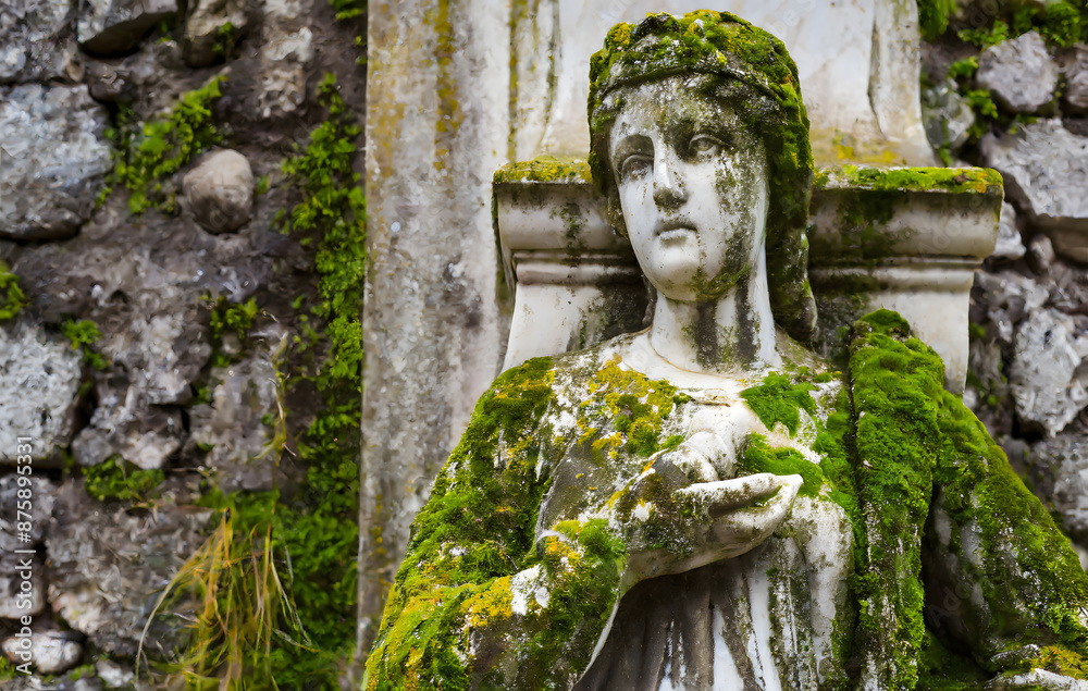 Moss-Covered Old Marble Statue. Generative AI. Moss-Covered Old Marble Statue. Generative AI.