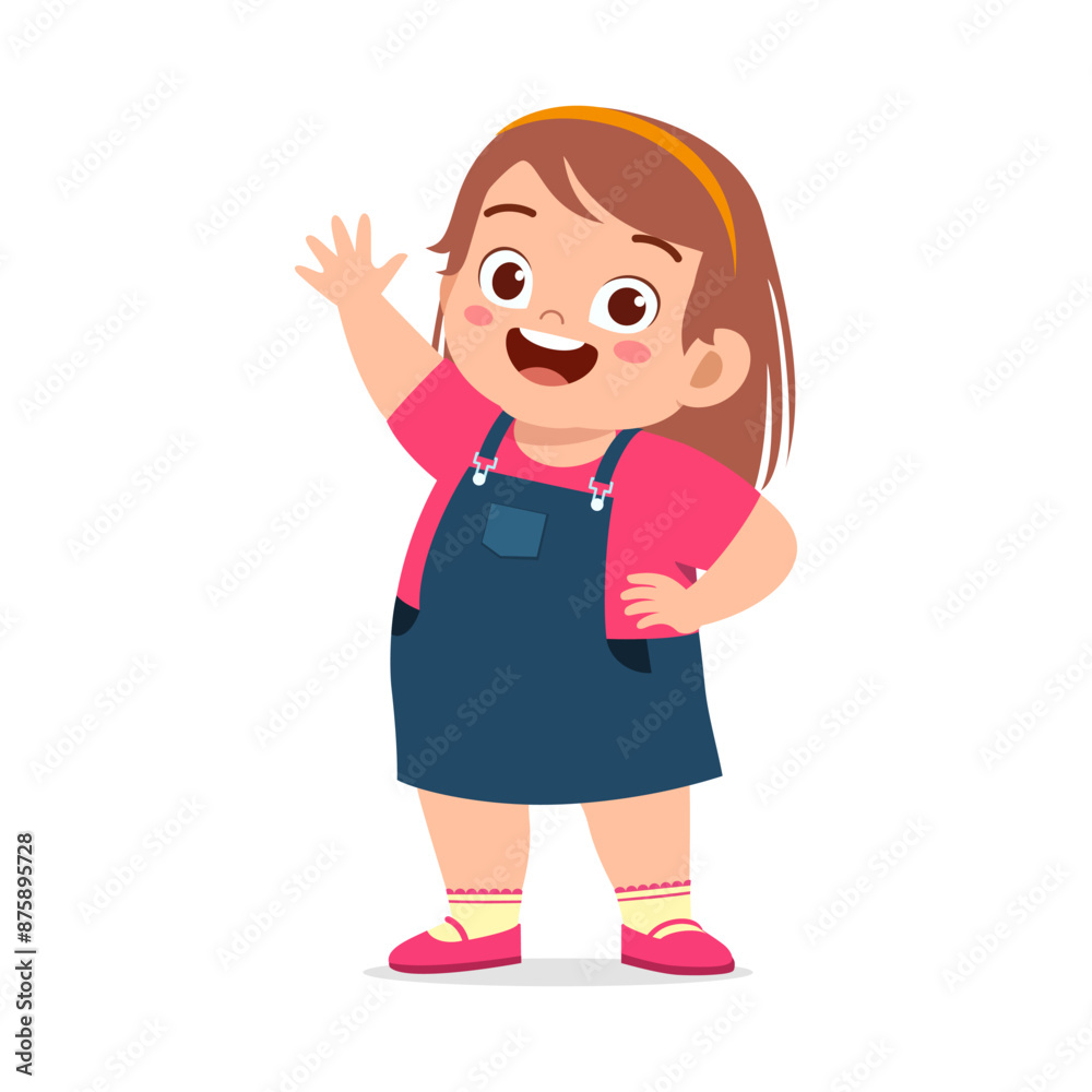 little fat kid standing and waving hand and feeling happy