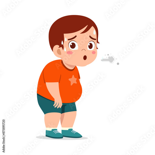 little kid standing and gasping for breath because of fatigue