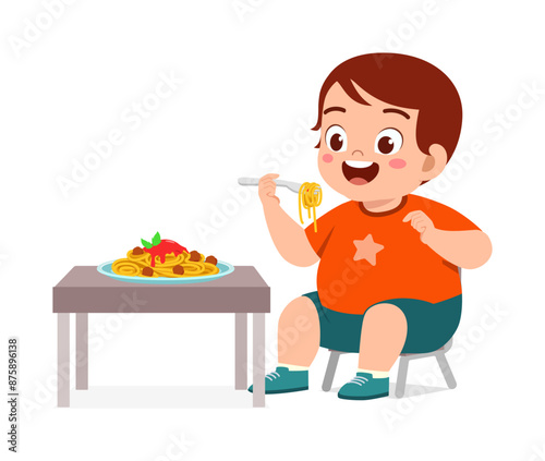 little kid eat spaghetti food and feeling happy