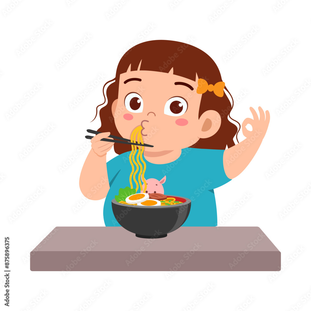 little kid eat ramen noodle food and feeling happy little kid eat ramen noodle food and feeling happy