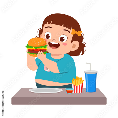 little kid eat hamburger food and feeling happy