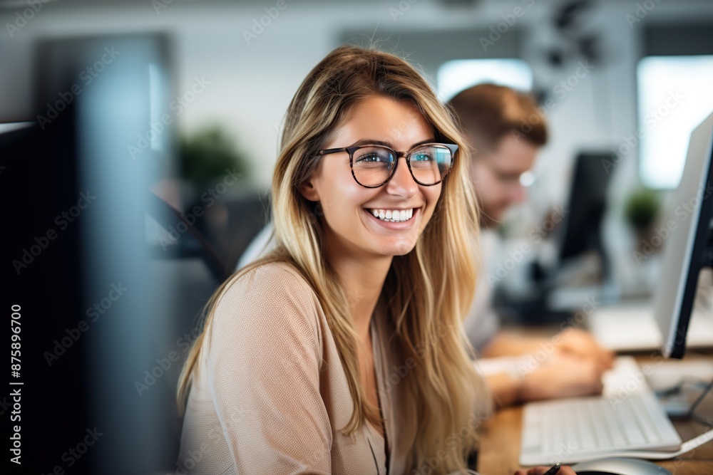 Blonde female businesswoman or designer in coworking office. Blonde female businesswoman or designer in coworking office.