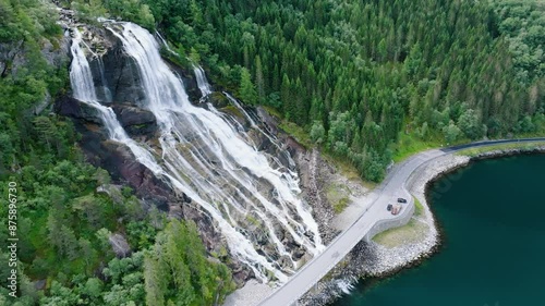Aerial view of the waterfall Furubergsfossen in Vestland county, Norway
