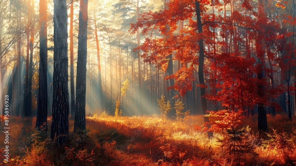 Autumn nature landscape of colorful forest in morning sunlight