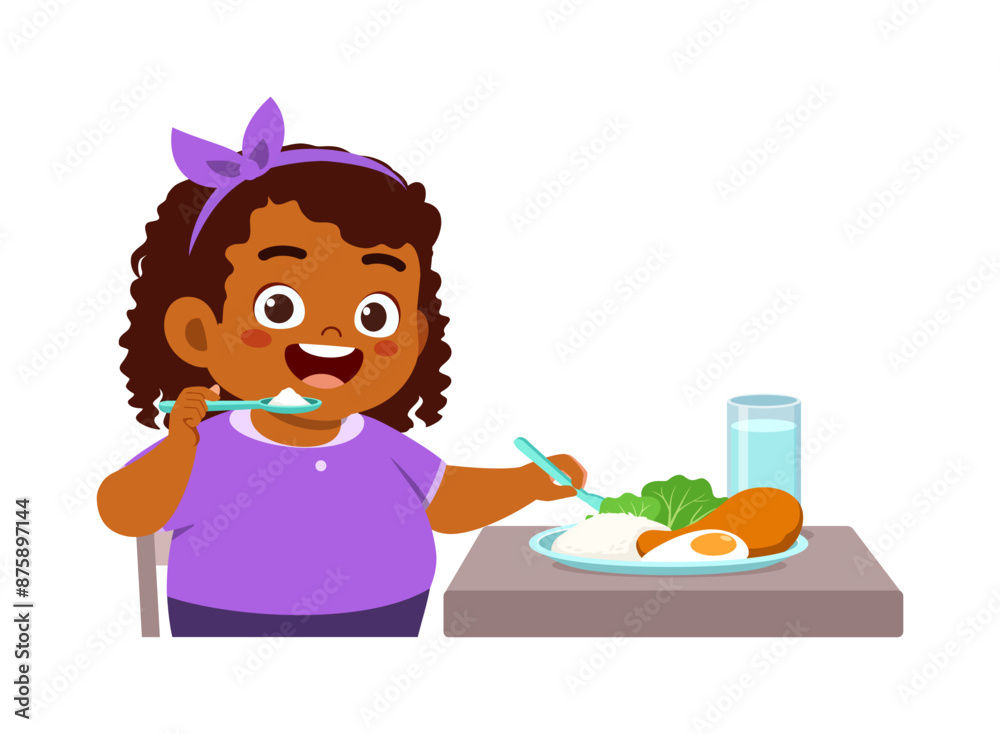 little kid eat rice and chicken food and feeling happy little kid eat rice and chicken food and feeling happy