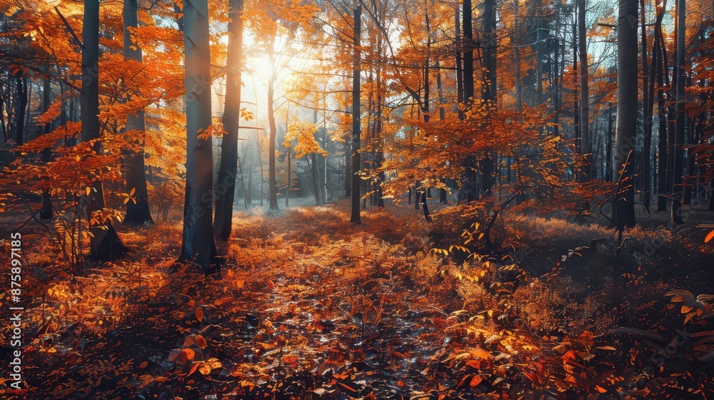 Autumn nature landscape of colorful forest in morning sunlight