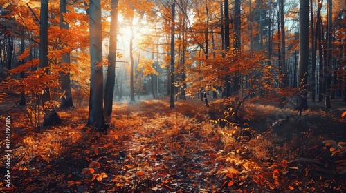 Obraz na płótnie Autumn nature landscape of colorful forest in morning sunlight w salonie