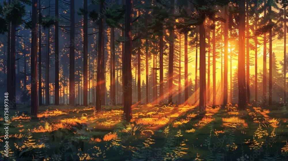 Enchanted forest illuminated by the warm glow of the setting sun Enchanted forest illuminated by the warm glow of the setting sun