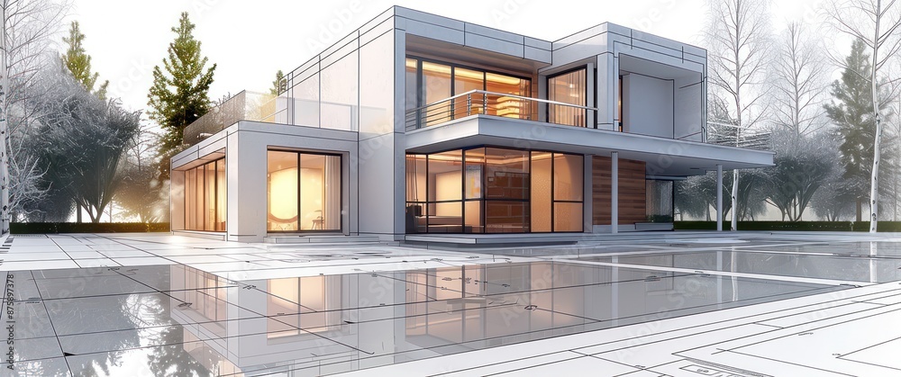 Rendu 3D d'une maison moderne en arrière-plan, plans de construction en premier plan, concept d'architecte et d'immobilier. Rendu 3D d'une maison moderne en arrière-plan, plans de construction en premier plan, concept d'architecte et d'immobilier.
