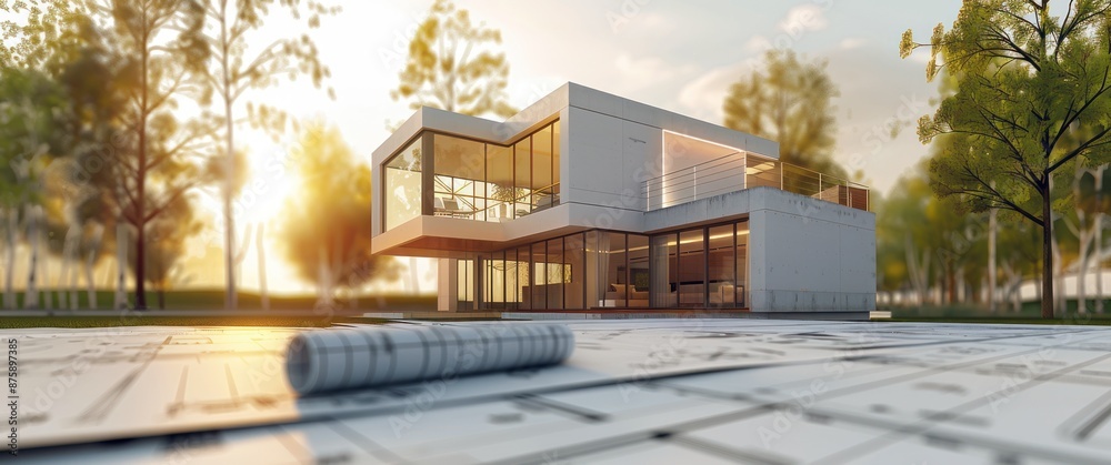 Maison d'architecte moderne basée sur des plans de construction en premier plan, coucher de soleil en arrière-plan, concept immobilier. Maison d'architecte moderne basée sur des plans de construction en premier plan, coucher de soleil en arrière-plan, concept immobilier.