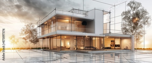 Rendu 3D d'une maison moderne en arrière-plan, plans de construction en premier plan, concept d'architecte et d'immobilier.