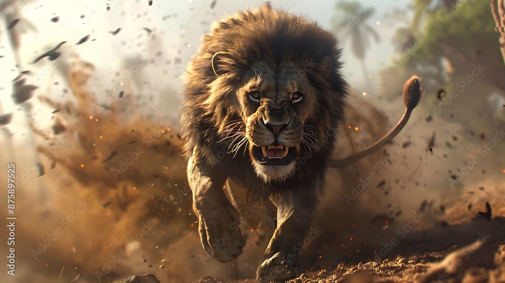 Lion running on war road just like game view very detailed and realistic shape