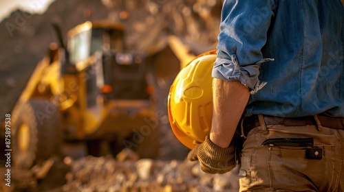 Un ouvrier de la construction tenant son casque dans la main sur un chantier avec en arrière-plan un bulldozer. Focus sur l'équipement de sécurité.